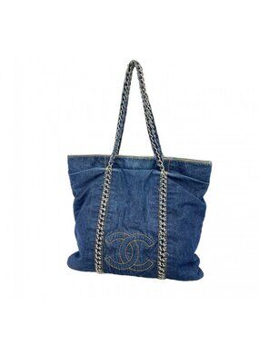 Chanel Chain Tote Bag Denim Navy Silver